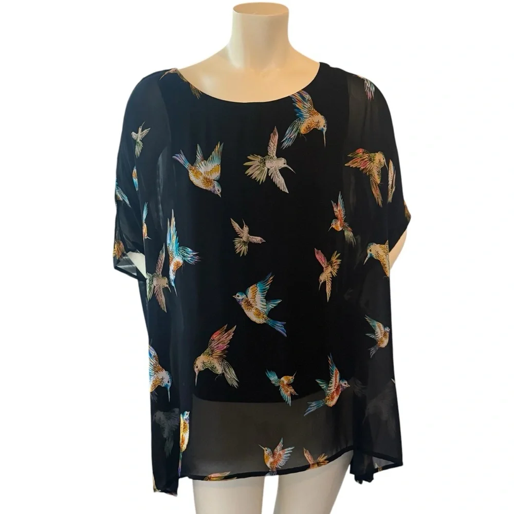 Karen Kane Hummingbird Print Lined Dolman Short Sleeve Flowy Blouse Womens Small - Picture 4 of 14